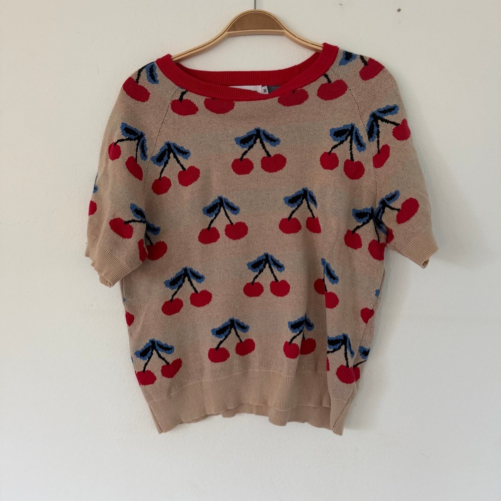 OXKNIT Womens Tan Red Cherry Print Cotton Short Sleeve Knit Sweater Size M